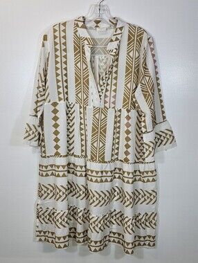 Silk & Salt Boho Tiered Geometric Print Dress - White & Tan